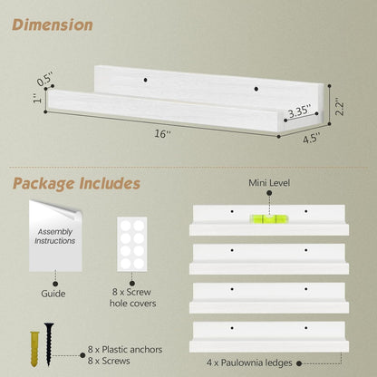 Forbena 36 Inch Floating Shelves for Wall 4-Pack, Large Nursery Book Shelves Bookshelf for Kids Bedroom, Long Picture Ledge Shelf with Lip for Living Room Photo Frames Art Display (White Solid Wood)
