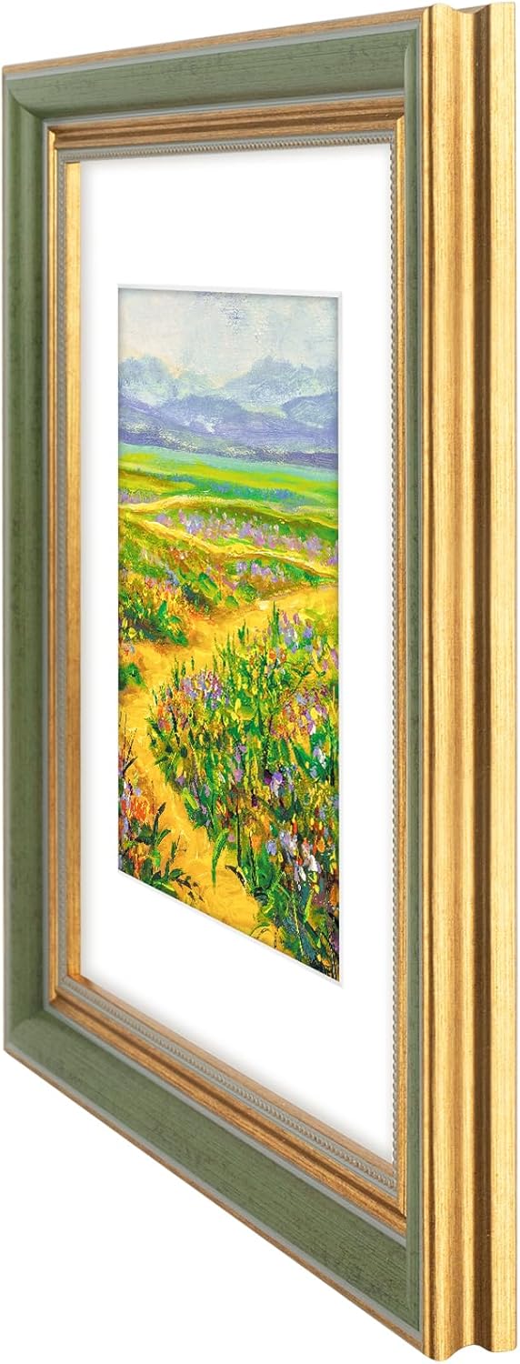 Golden State Art,11x14 Ornate Picture Frame for 8x10 Photo with Mat or 11 x 14 Prints without Mat,Real Glass Wall Display(Color:Green Gold)