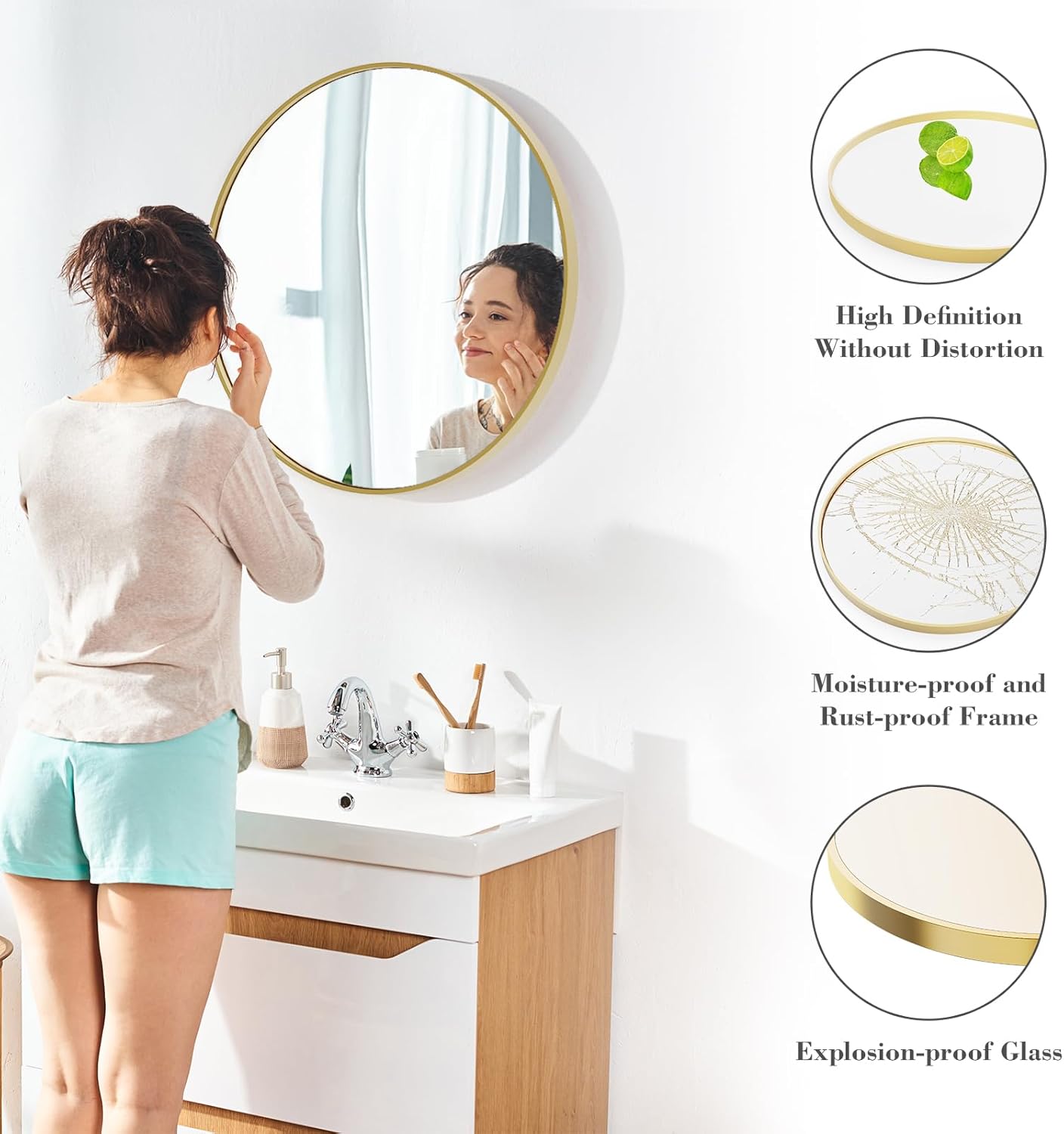 Sweetcrispy 24 Inch Round Wall Mirror with Tempered Glass, Bathroom Mirror Over Sink, Anti-Fog & Waterproof Round Mirror for Bathroom, Entryway, Bedroom, Shatterproof Design, Black