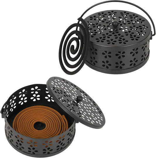 Portable Iron Mosquito Coil Holder with Handle Round Heat-Resistant Incense Holder (Bronze)