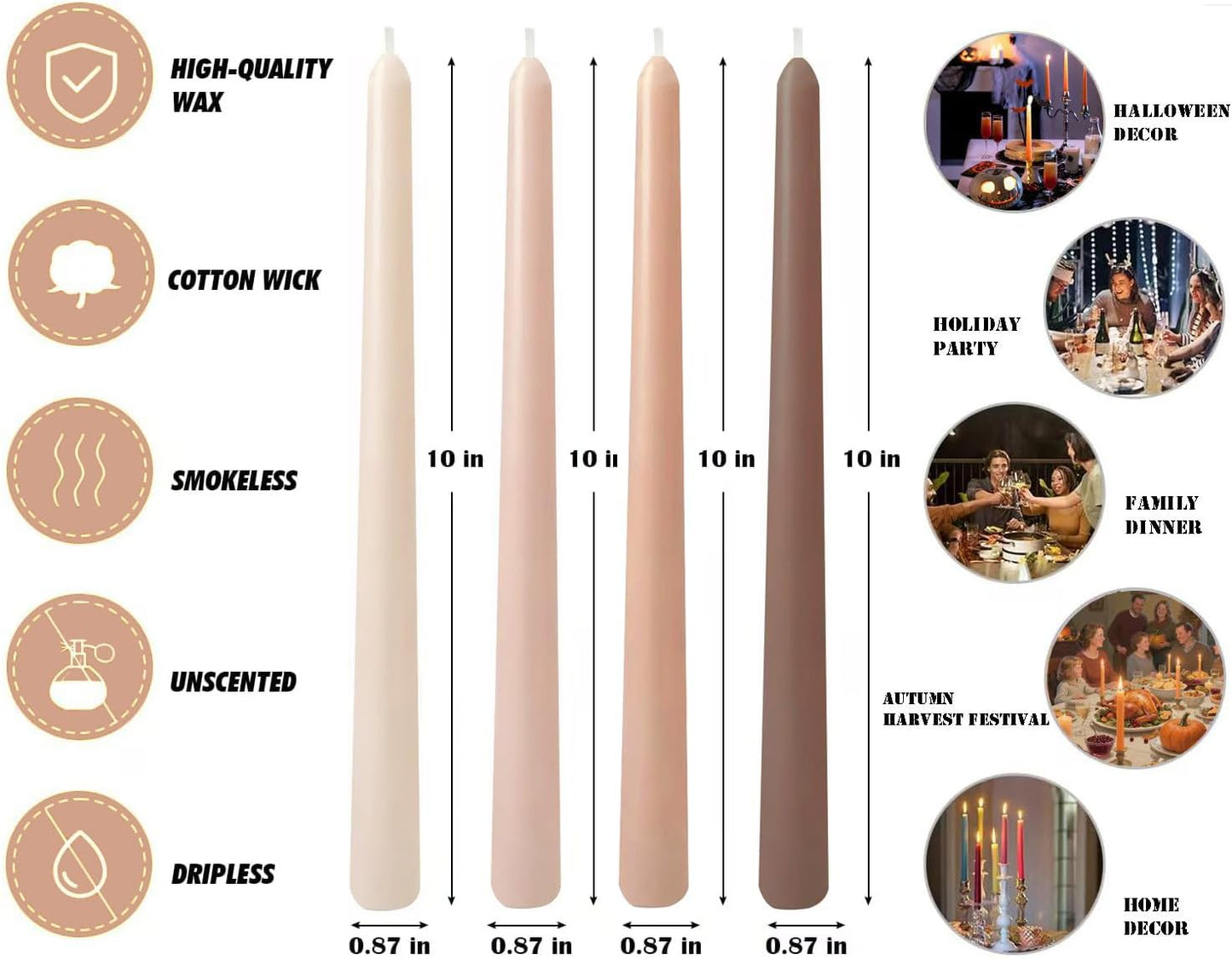 12-Pack Earth Tone Taper Candles, 10 Inch Unscented Dripless Candlesticks, Long-Lasting Burn Time of 7-8 Hours, Perfect for Fall Harvest Halloween Thanksgiving Dinners Parties and Home Décor