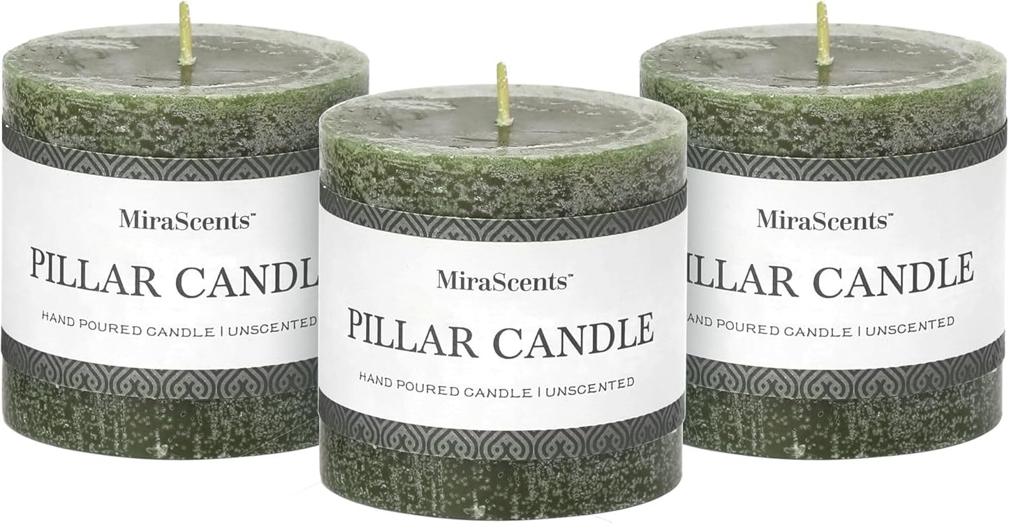 3x6 Inch Sage Green Pillar Candles Set of 3 - Unscented Spring, Long Clean Burning, Large Smokeless Dripless for Home Decor, Dinner Table, Bathroom, Rustic Decor