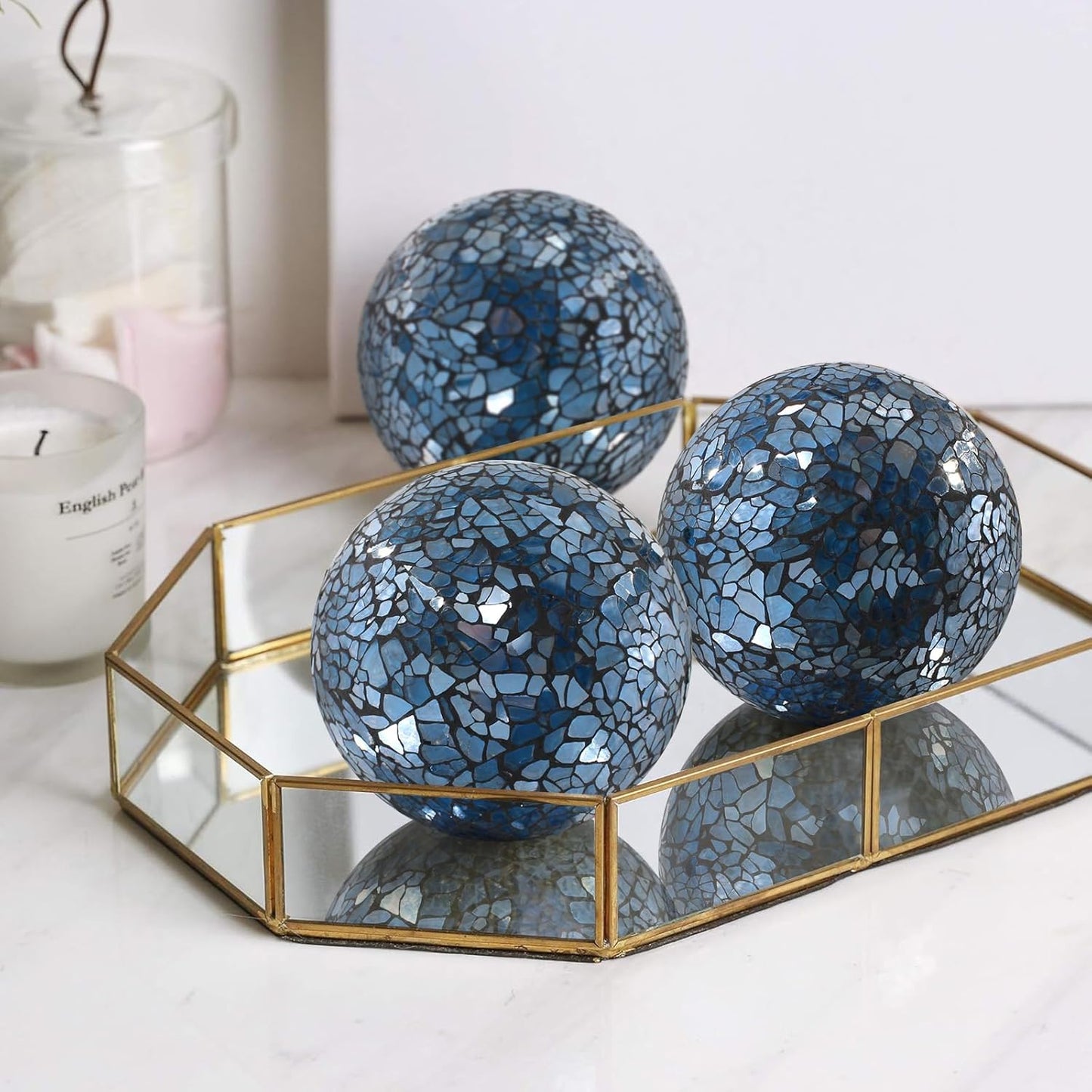 3Pcs Mosaic Glass Orbs Decorative Balls Set 8.5cm/3.35inch Blue Sphere Wedding Party Home Decor Table Centerpiece