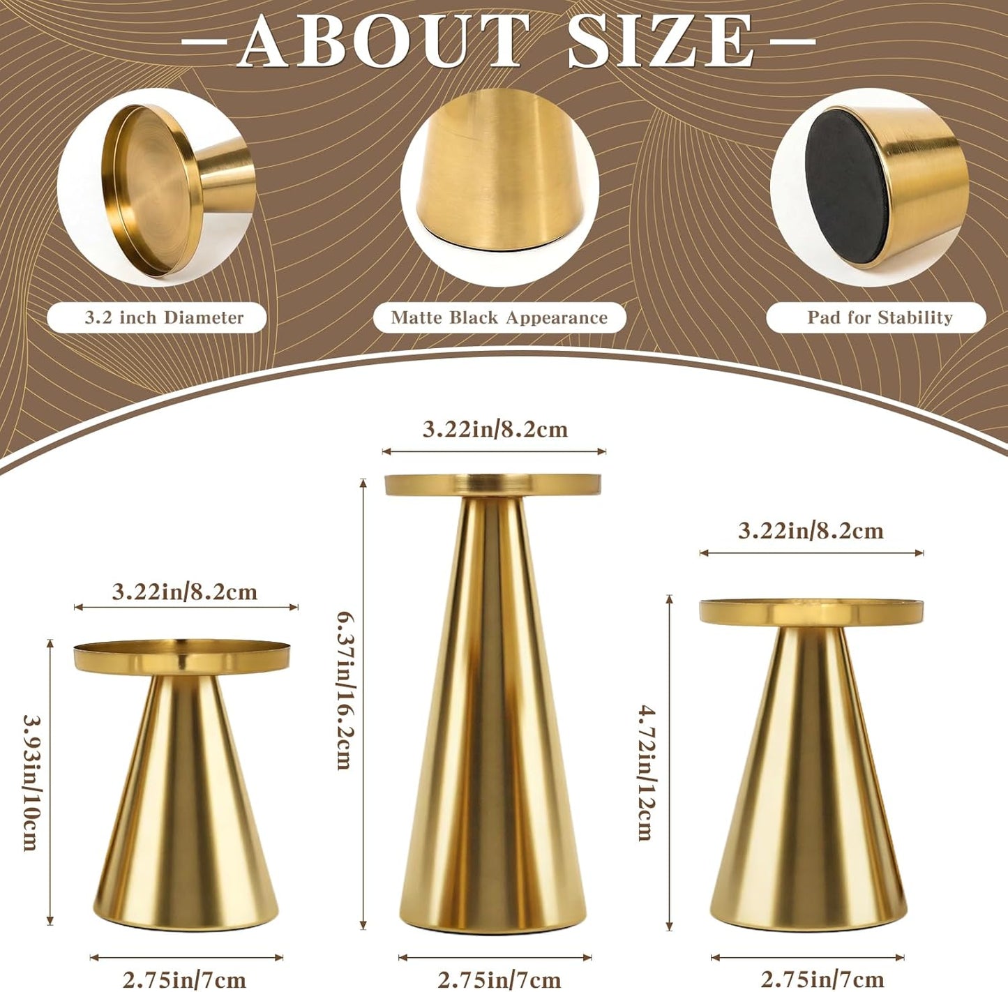 Gold Iron Plate Candle Holder Set of 3-4 & 4.7 & 6.4 Inch Tall, Decorative Iron Pillar Candle Plate, Elegant Candle Stand for LED & Wax Candles, Incense Cones, Spa, Weddings (Candles Not Including)