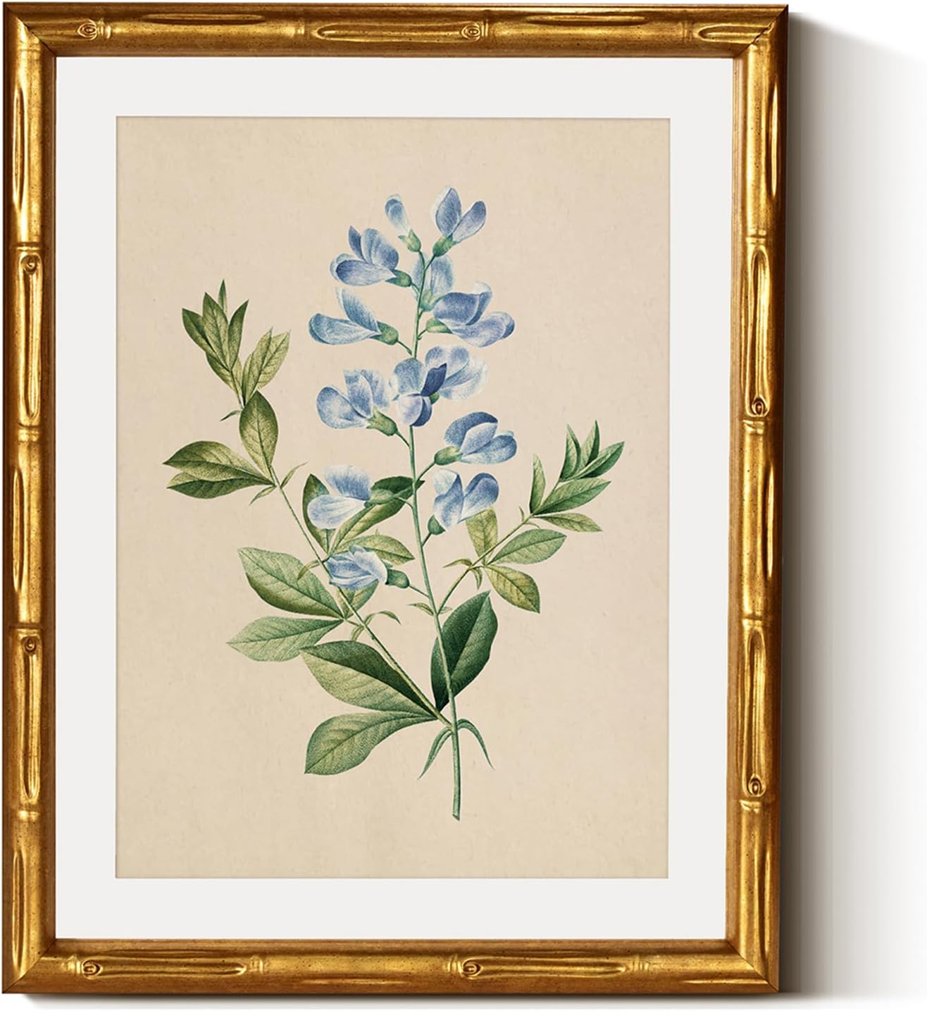 InSimSea Gold Bamboo Framed Canvas Wall Art, Retro Blue Hydrangea Botanical Prints, Antique Flowers Picture Frame with Mat, Victorian Home Wall Decor for Kitchen Living Room Bedroom, 11x14inch