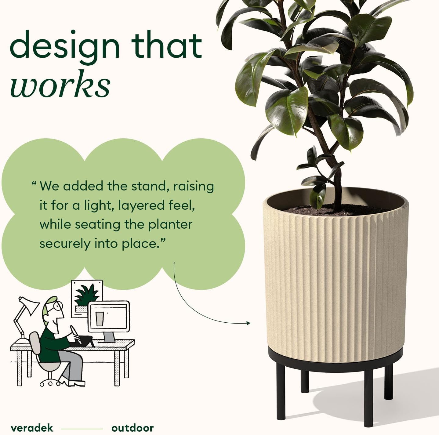 Veradek Demi Series Round Planter w/ Stand for Porch/Patio | Durable Plastic-Concrete & Wooden Stand | Modern Décor for Tall Plants, Flowers
