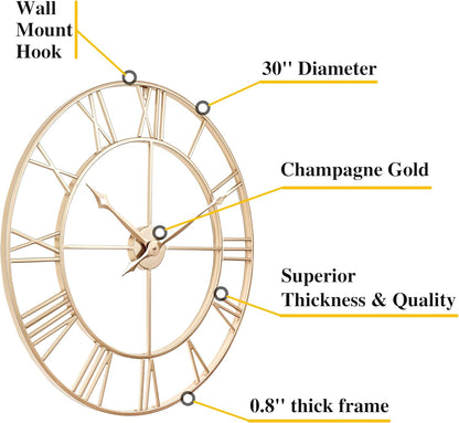 CLXEAST 30 Inch Large Wall Clock Modern, Oversized Roman Numeral Decorative Black Metal Wall Clock for Living Room Decor,House Warming Gifts New Home