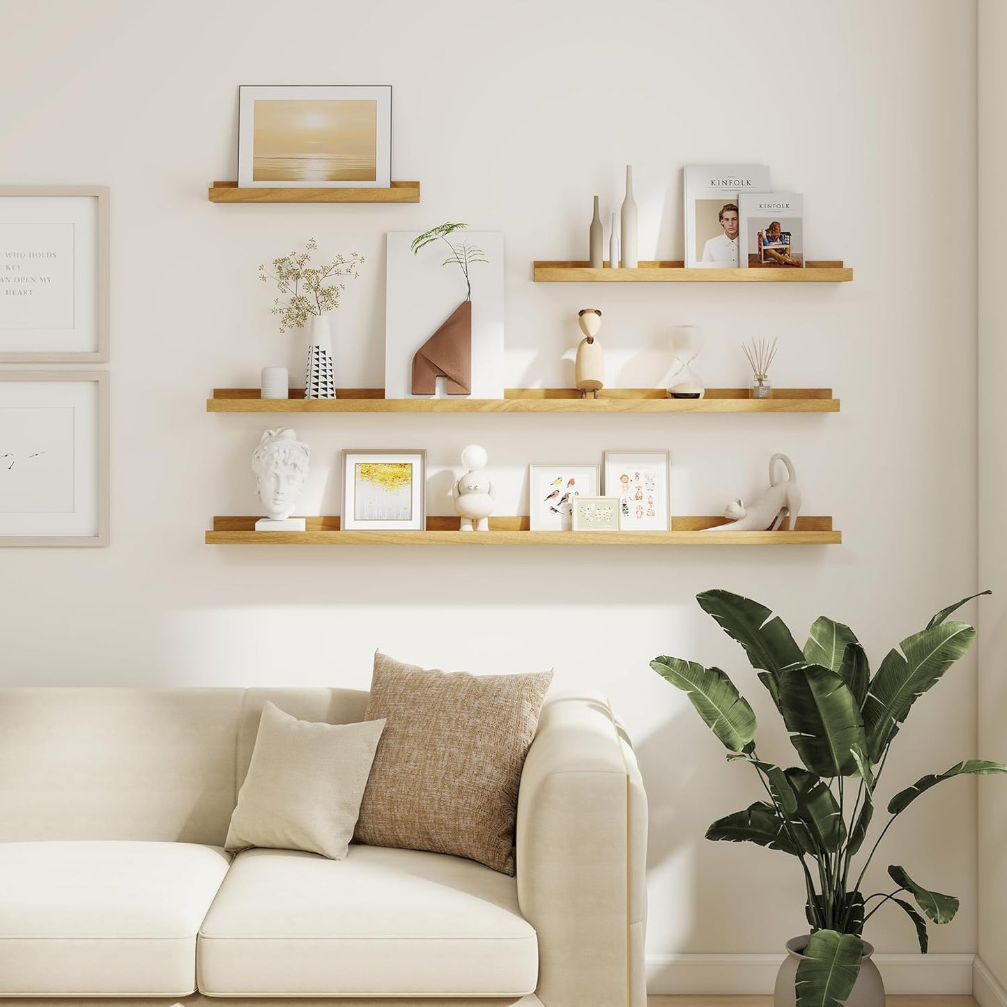 Acovy Picture Ledge Shelf Set of 6, 48 inch Long Large Floating Shelves for Wall with Lip, Wall Mounted Shelves for Living Room, Bedroom, Bathroom, Kitchen, Nursery,Oak