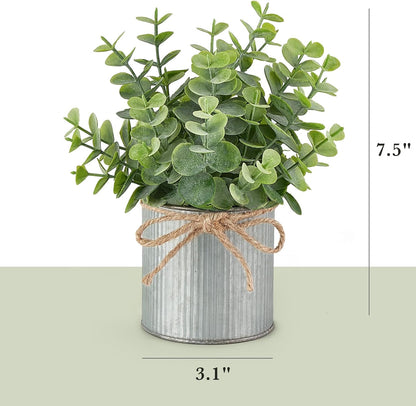 Mkono 2 Packs Small Fake Plants in Farmhouse Galvanized Pots Table Centerpiece Mini Faux Eucalyptus Potted Artificial Plants for Bathroom Shelf Room Rustic Home Decor