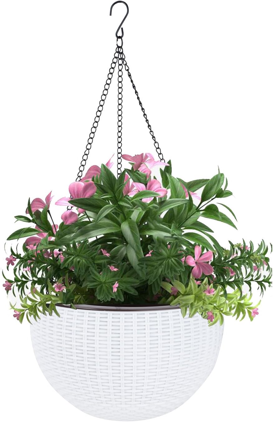 Vencer 11 Inch Round Resin Rattan Hanging Planters,Self Watering Hanging Basket for Indoor Outdoor Plants,Hanging Flower Pots with Drain Hole and Metal Chain,Water Indicator,Coffee,VF-A15-C
