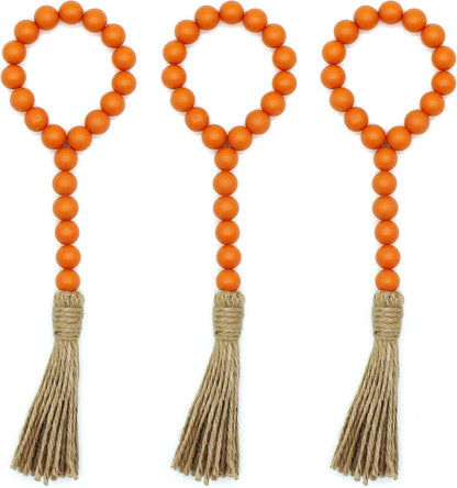 CVHOMEDECO. Wood Beads Garland with Tassels 3 PCS Farmhouse Rustic Wooden Prayer Bead String Wall Hanging Accent for Home Festival Decor. Natural