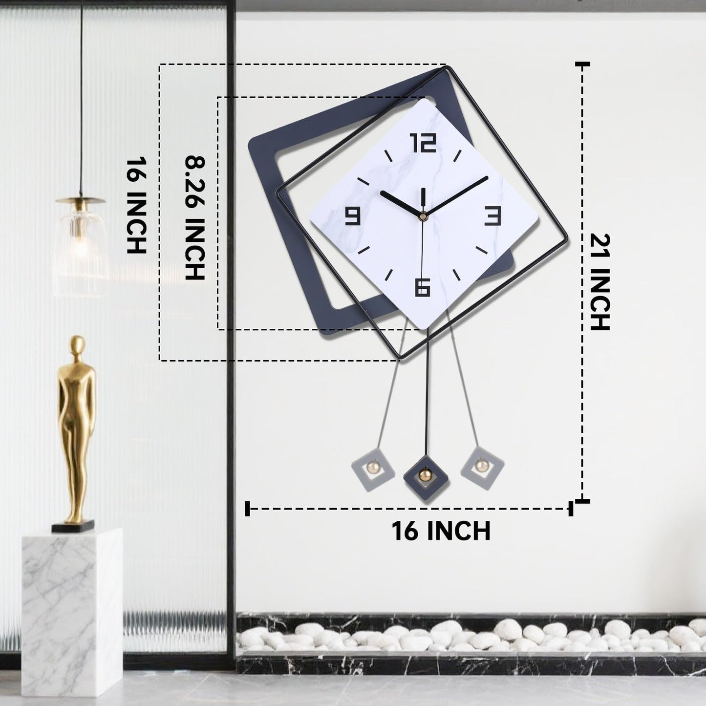 Wall Clock with Pendulum,Silent Quality Quartz Battery Operated,Modern Large Wall Clocks for Living Room Kitchen Home Bathroom Bedroom Wall Decor,16.2x26Inch(Black)