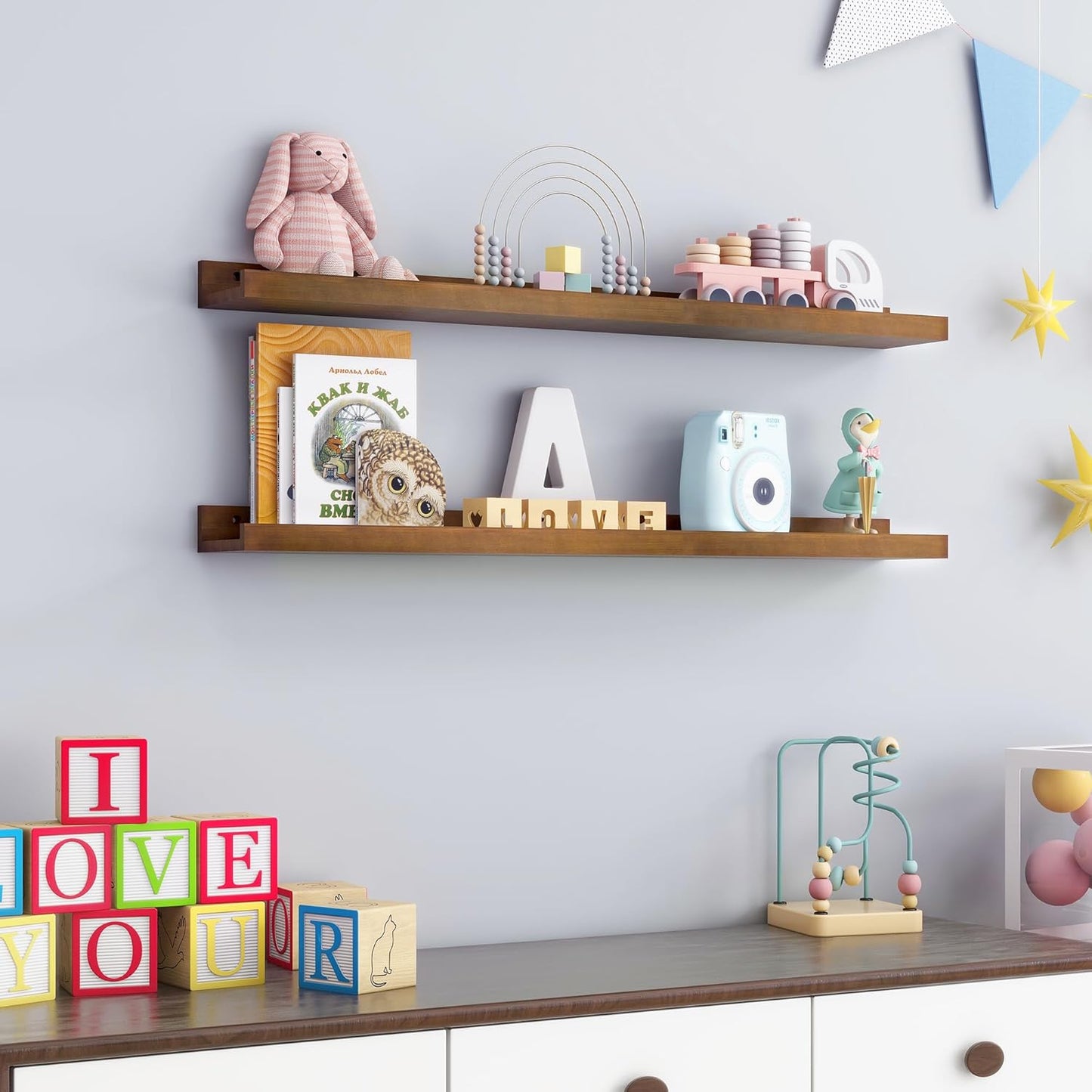 FLYJOE Picture Ledge Shelf, Floating Shelves Set of 2, Solid Pine Wood 55'' Long Large Nursery Book Shelves for Toys Storage, Kids Bookshelf for Living Room Bedroom Decor Books Photo Frames, Walnut
