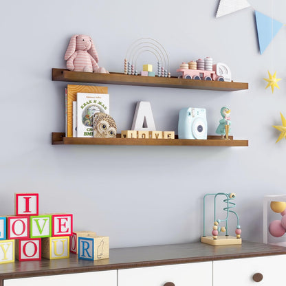 FLYJOE Picture Ledge Shelf, Floating Shelves Set of 2, Solid Pine Wood 55'' Long Large Nursery Book Shelves for Toys Storage, Kids Bookshelf for Living Room Bedroom Decor Books Photo Frames, Walnut