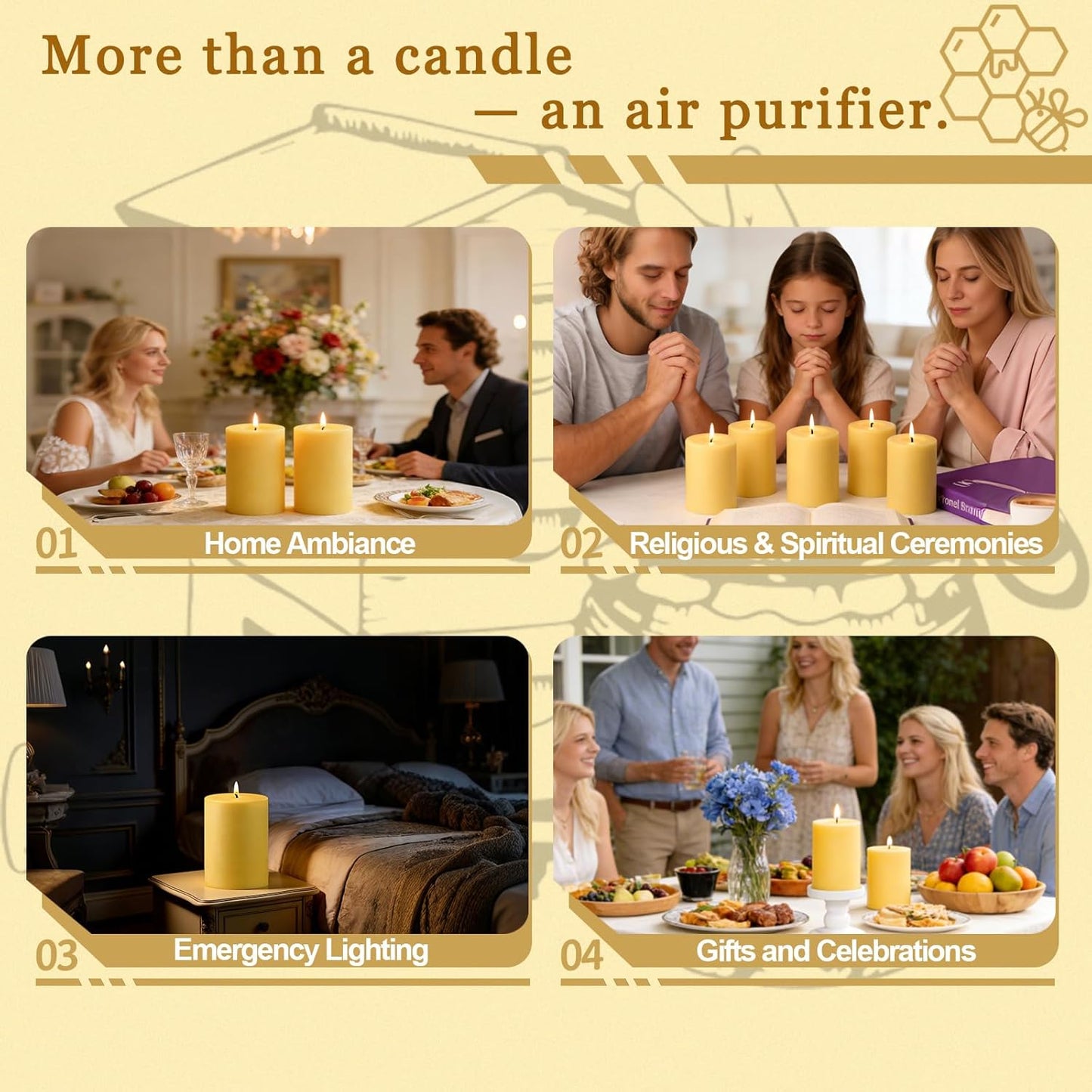 Natural Beeswax Candles 4 Packs, Beeswax Pillar Candles with 140 Hours Burn Time, Organic Emergency Candle Long Burning for Home Room, Smokeless & Dripless, 2x4 inch