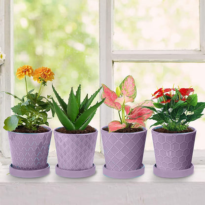 BUYMAX Plant Pots Indoor –5 inch Ceramic Flower Pot with Drainage Hole and Ceramic Tray - Gardening Home Desktop Office Windowsill Decoration Gift, Set of 4-Plants NOT Included (Patina)