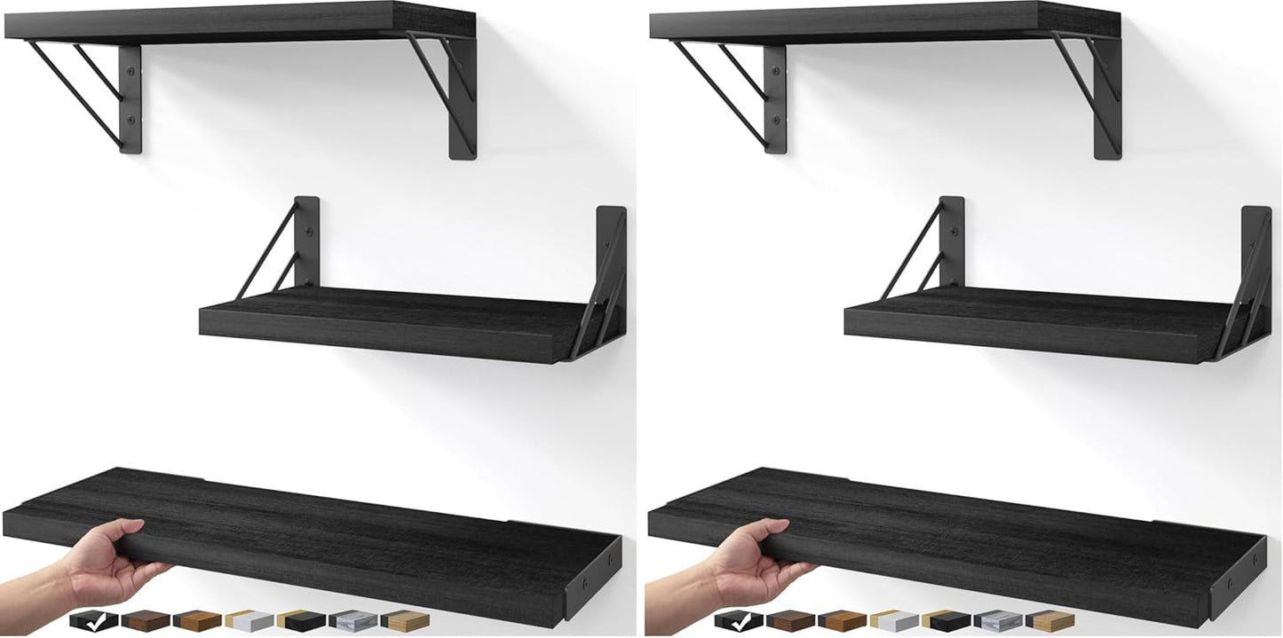 BAYKA Wall Mounted Floating Shelves, Wood Floating Wall Shelf for Books & Decor, Small Space-Saving Display & Organizer（Black，Set of 3）