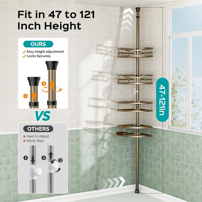 HAMITOR Corner Shower Caddy Tension Pole: Rustproof 4-Tier Bathroom Organizer Shelves for Bathtub Shampoo Storage - 47-121 Inch Quick Install Adjustable Rod Standing Rack with Soap Rack - Silver Gray