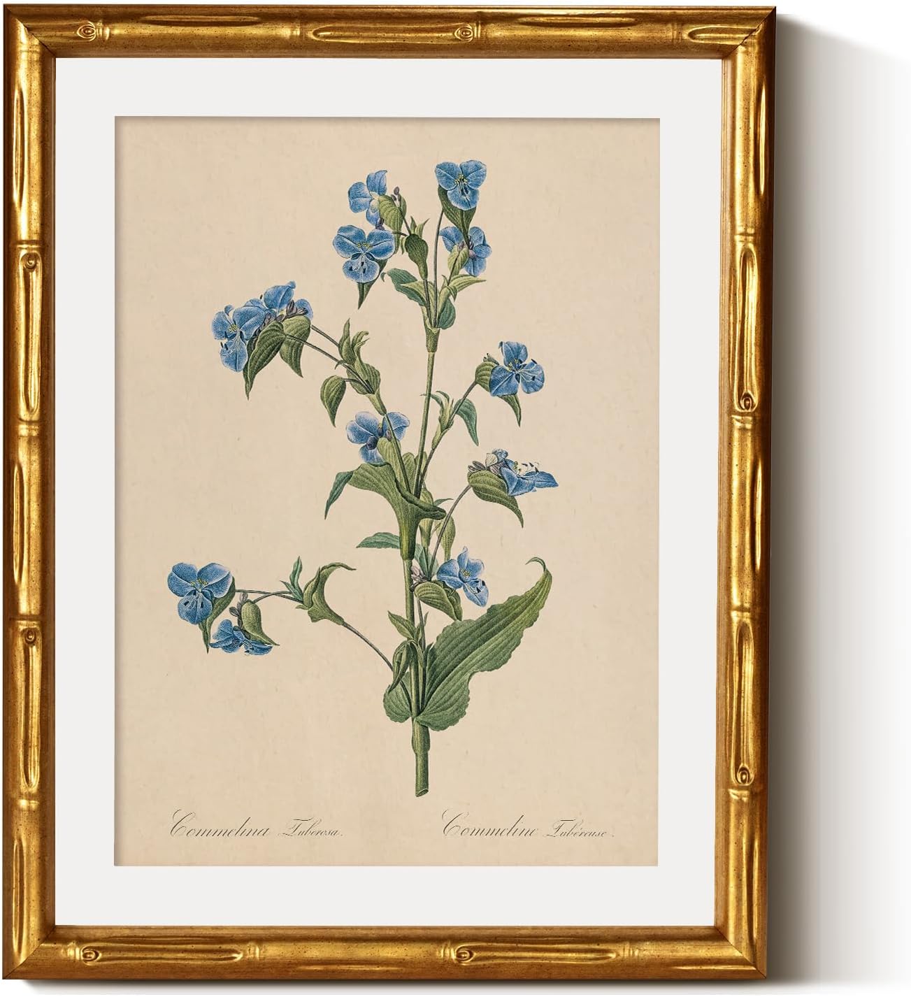 InSimSea Gold Bamboo Framed Canvas Wall Art, Retro Blue Hydrangea Botanical Prints, Antique Flowers Picture Frame with Mat, Victorian Home Wall Decor for Kitchen Living Room Bedroom, 11x14inch
