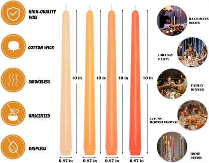 12-Pack Earth Tone Taper Candles, 10 Inch Unscented Dripless Candlesticks, Long-Lasting Burn Time of 7-8 Hours, Perfect for Fall Harvest Halloween Thanksgiving Dinners Parties and Home Décor