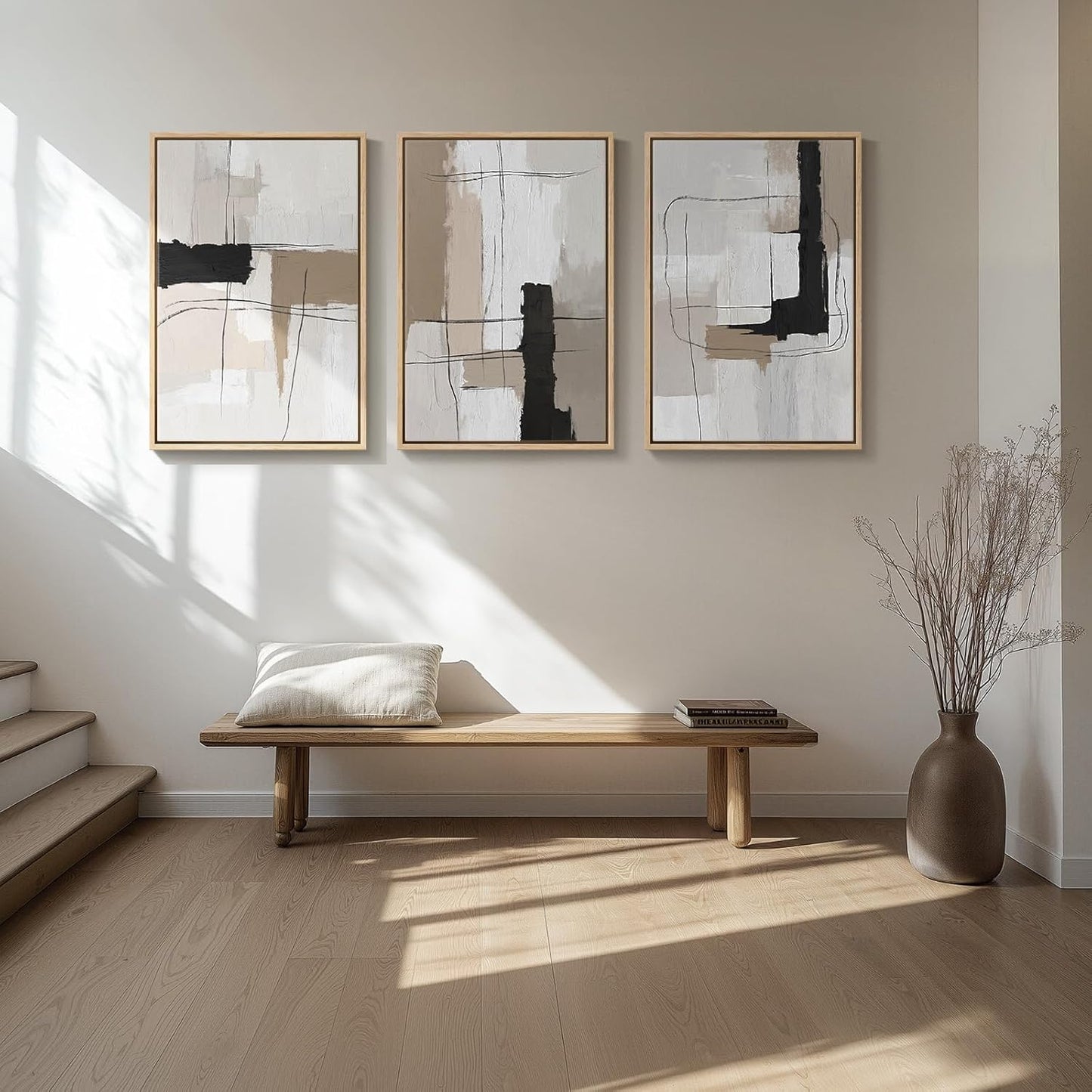 Large Framed Neutral Abstract Wall Art for Living Room, 3 Piece Modern Canvas Prints Paintings Artwork for Walls, Black and Beige Pictures for Living Room Hallway Stair Office Wall Decor 24x36 Inch