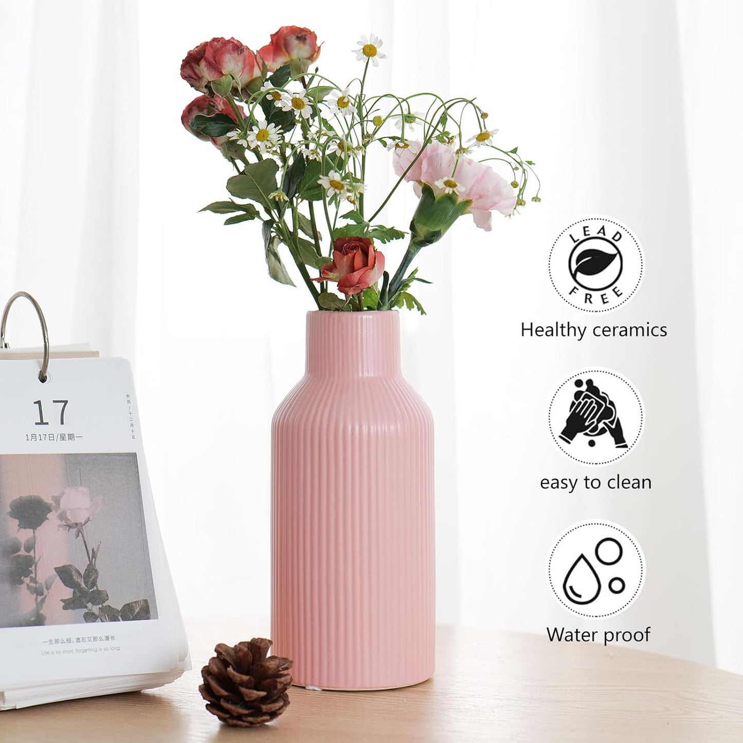 Bohemian White Ceramic Vase - for Pampas Grass, Mantel, Bookshelf, Entryway and Living Room Decor (White, 7in)