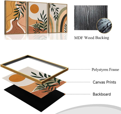 Bwodke Boho Wall Art, Framed Abstract Wall Art, Green Botanical Neutral Canvas Wall Decor, Large Mid Century Plant Pictures Set of 3, Modern Minimalist Paintings, for Bedroom Living Room Bathroom
