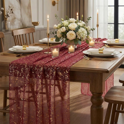 Artoid Mode Beige Gold Gauze Table Runner 120 Inch 10FT, Glitter Metallic Foil Sheer Dining Wedding Anniversary Holiday Birthday Table Decor for Home Party