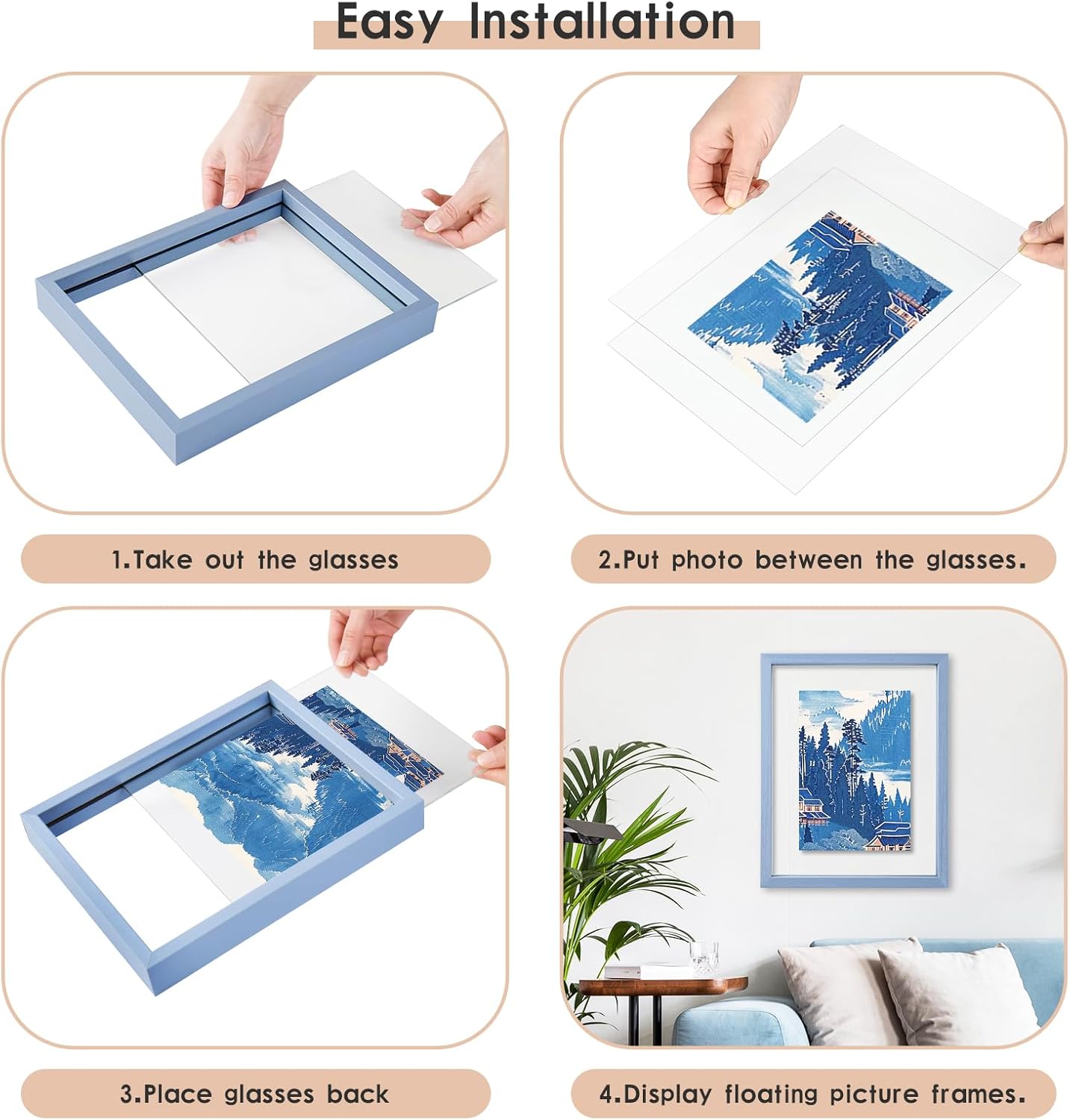MUYE 11x14 Floating Frame Set of 2,Double Glass Rustic Frame,Display Any Size Photo up to 11x14,Wall Mount or Tabletop Standing,Natural