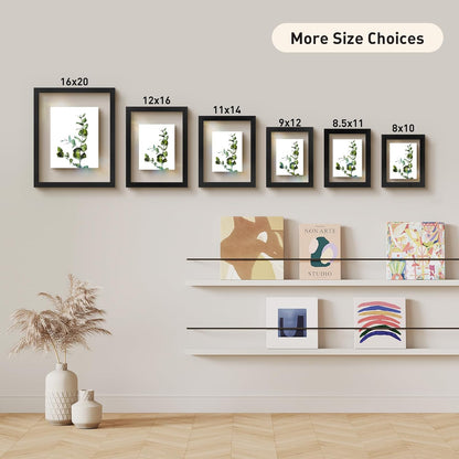 Golden State Art, 11X14 Floating Picture Frame, Black Wood Frame Display Any Size Photo Up To 11X14, Pressed Flower Frames with Hanging Hardware - Horizontal And Vertical Formats for Wall