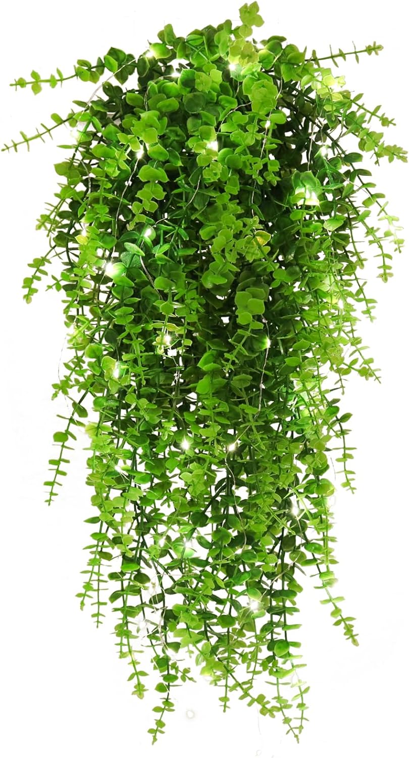 RECUTMS Artificial Hanging Plants Fake Hanging Plant Faux Eucalyptus Leaf Greenery Vine Outdoor UV Resistant Plastic Plants Home Garden Wedding Party Indoor Outdoor Decorations(White)