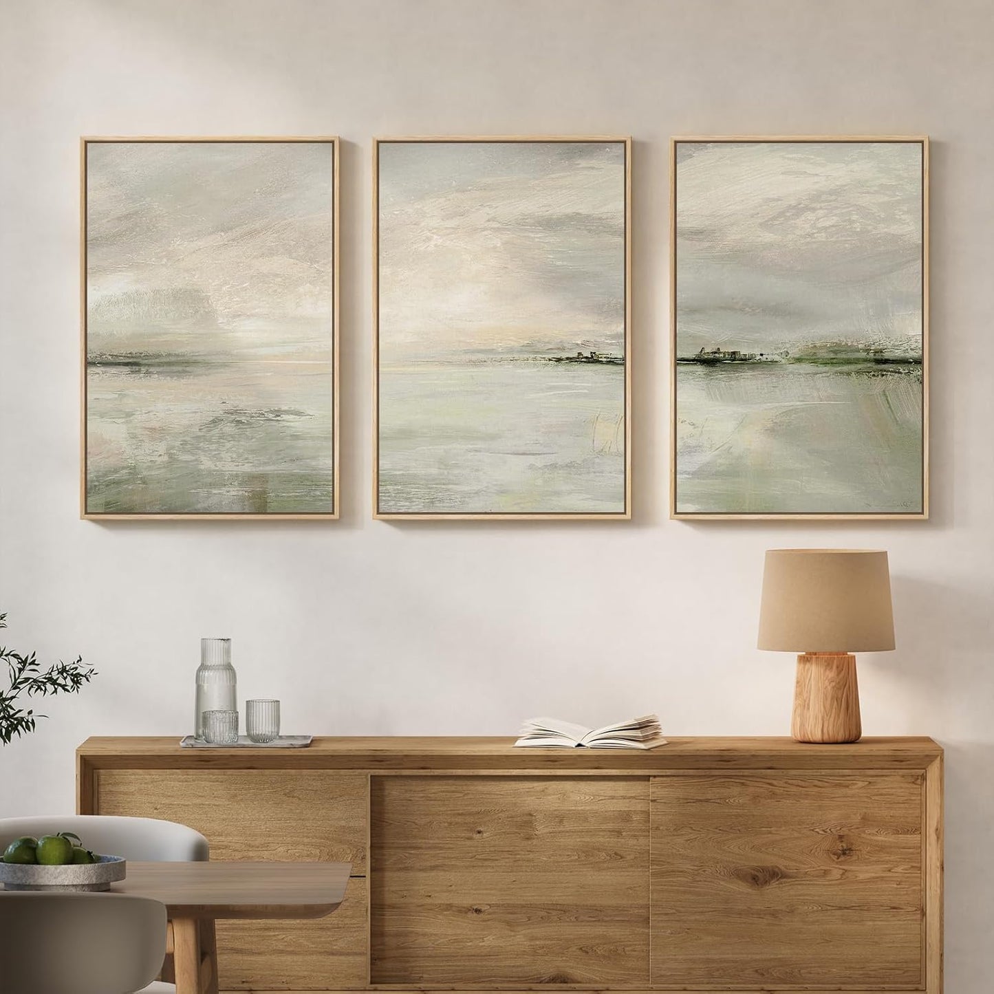 Large Framed Abstract Nature Landscape Wall Art for Living Room, Set of 3 Modern Canvas Prints Paintings Artwork for Walls, Green Lake Pictures for Hallway, Dining Room, Office Wall Decor 24x36 Inch