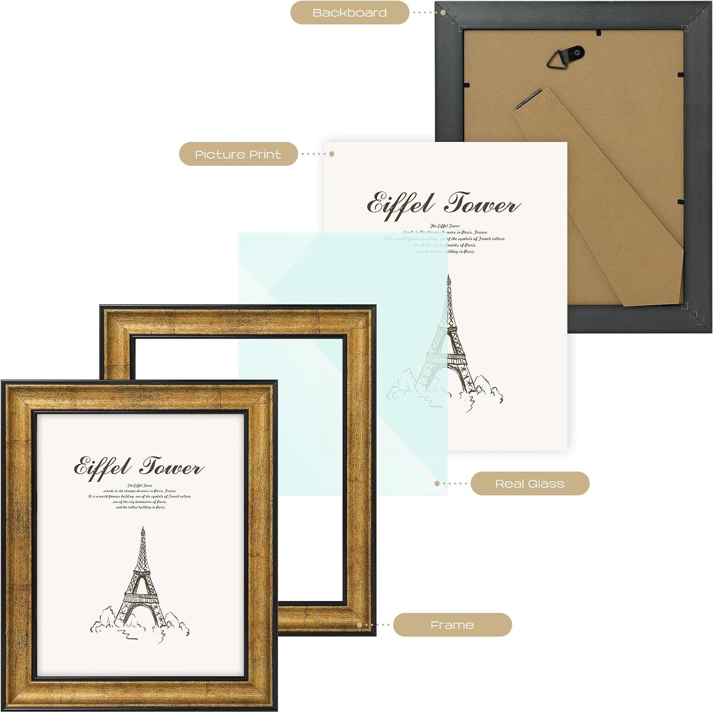 Golden State Art, 11x14 Photo Frame with Mat for Pictures 8x10 and Real Glass (Dark Gold Brown & Bronze Pewter Panel with White Color Mat, 1.25 Inch Frame Border)
