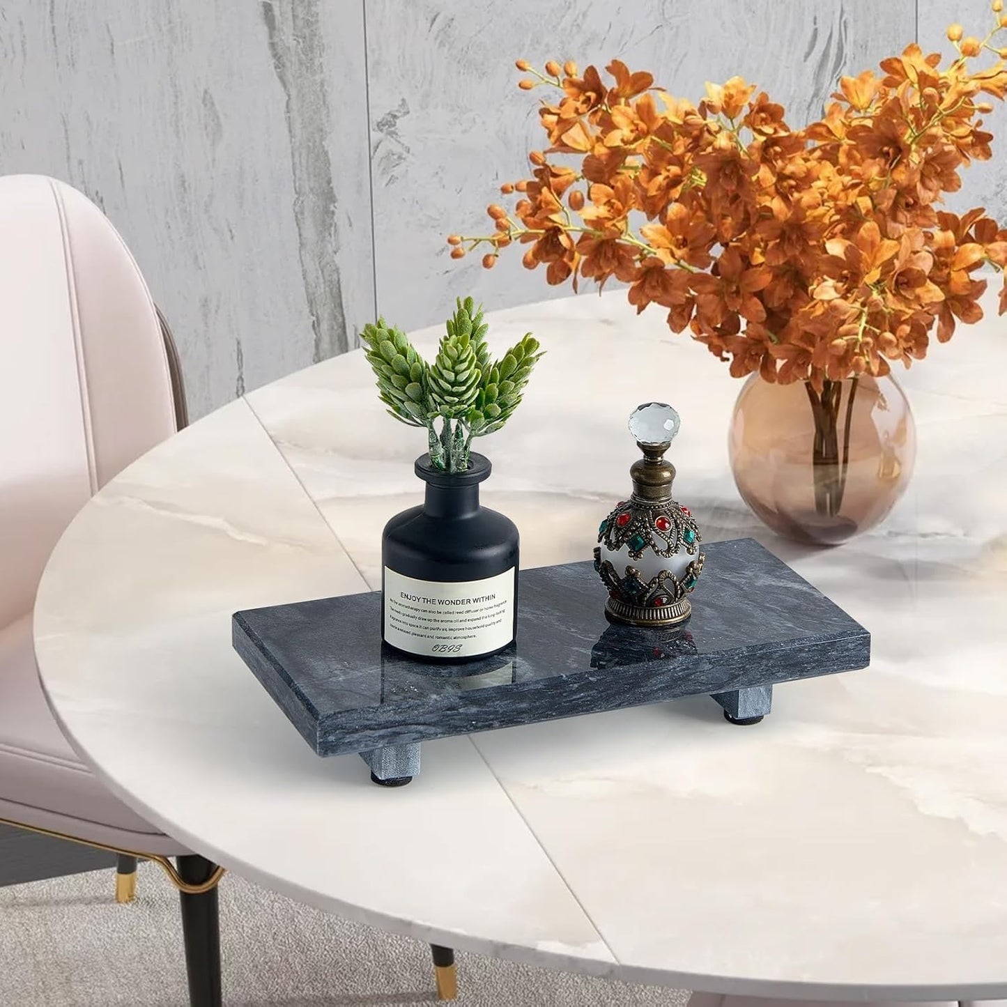 Natural Marble Tray Pedestal Stand – Soap & Jewelry Riser for Bathroom Counter, Kitchen Sink, Vanity Organizer, Decorative Stone Catchall for Perfume, Candles