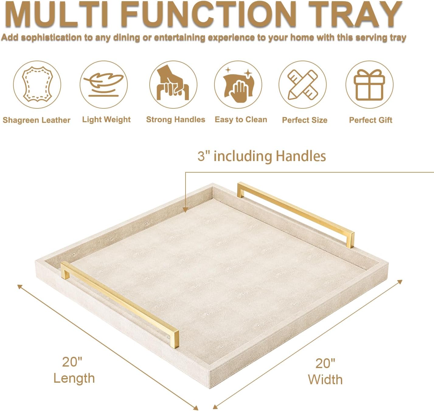XIGEXIGE Ivory Shagreen Decorative Tray Large Rectangle Coffee Table Tray for Ottoman Faux Leather Serving Tray with Brushed Gold Handles