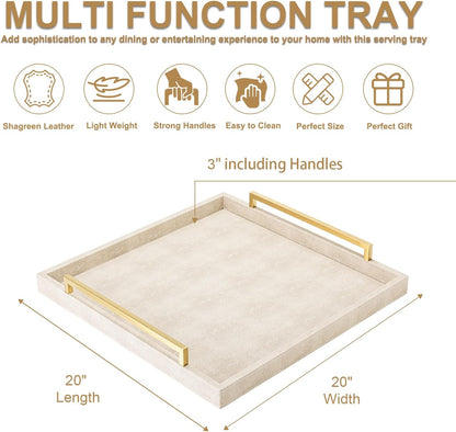 XIGEXIGE Ivory Shagreen Decorative Tray Large Rectangle Coffee Table Tray for Ottoman Faux Leather Serving Tray with Brushed Gold Handles