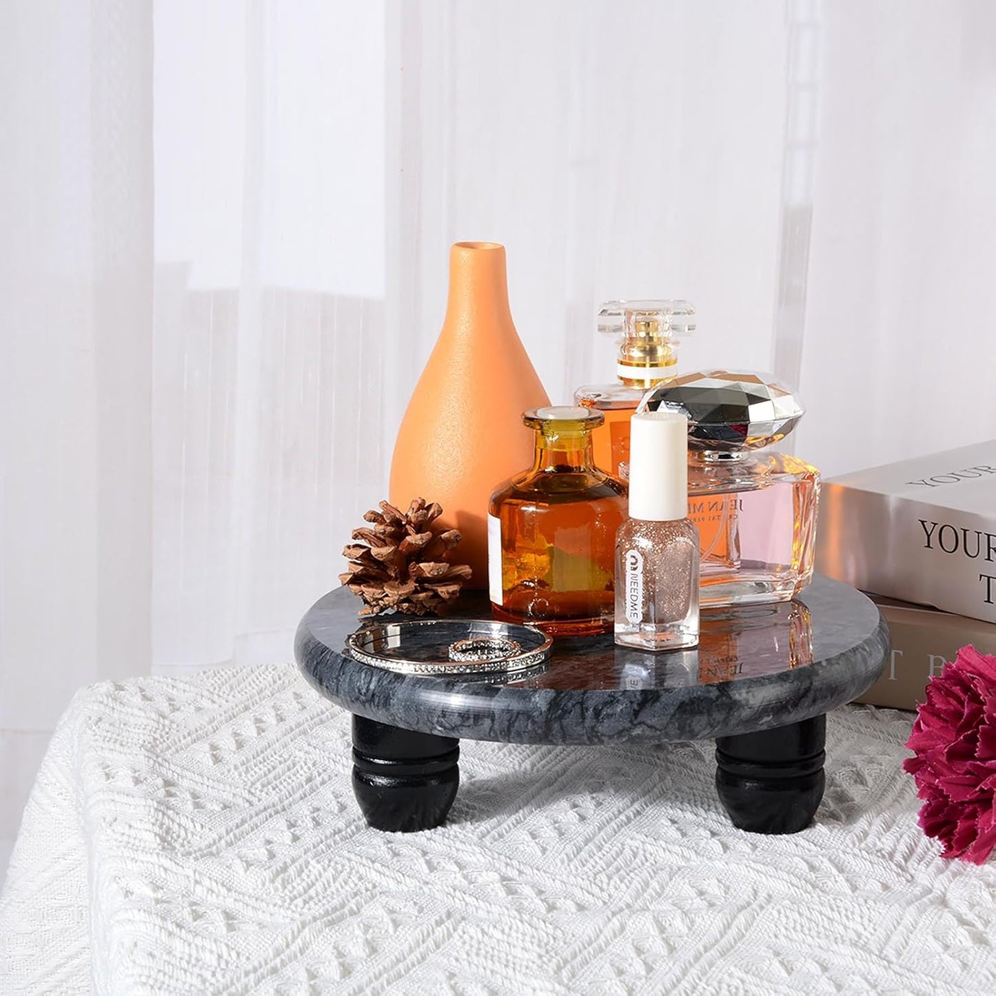 Decorative Round Marble Riser for Display,Marble Pedestal Tray for Home,Kitchen and Bathroom Countertop Organizer Counter Decor Tray.The Decorative Tray Non-slip,Stable（Black Gray）