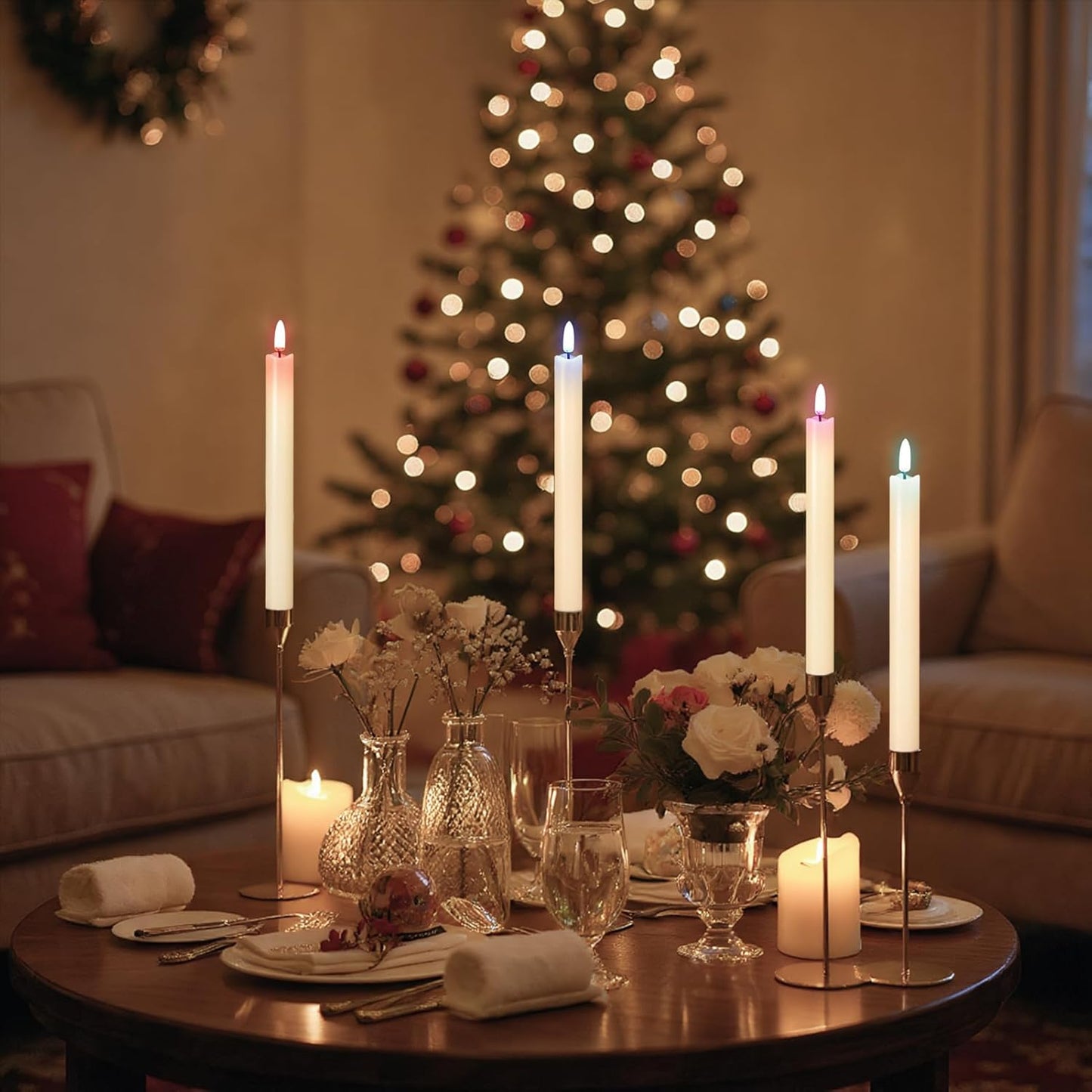 GenSwin Flameless Ivory Taper Candles Flickering with 10-Key Remote, Battery Operated Led Warm 3D Wick Light Window Candles Real Wax Pack of 6, Christmas Home Wedding Decor(0.78 X 9.64 Inch)
