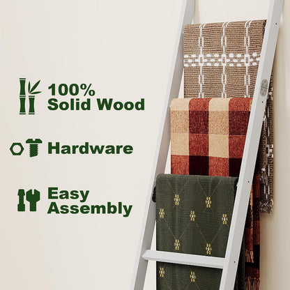 Blanket Ladder Towel Racks For Bathroom 5 Layers Towel Holder 100% Bamboo Wood Sturdy Construction No Need Wall Drilling Quilt Scarf Storage Solution Decorative Leaning Shelf for Living Room (White)