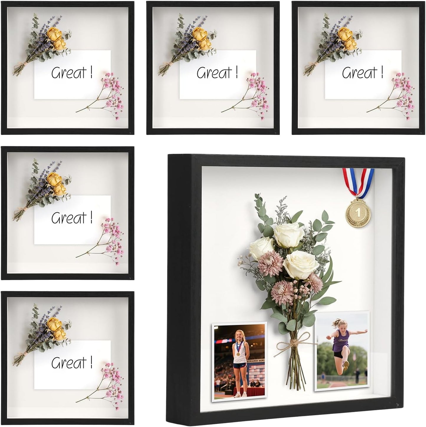 6 Pcs Shadow Box Frame - 5x5 Square Frame Display Case for Sports Memorabilia & Wedding Keepsakes - Wall Mountable Display Box for Medals, Photos, Dried Flowers (Black)