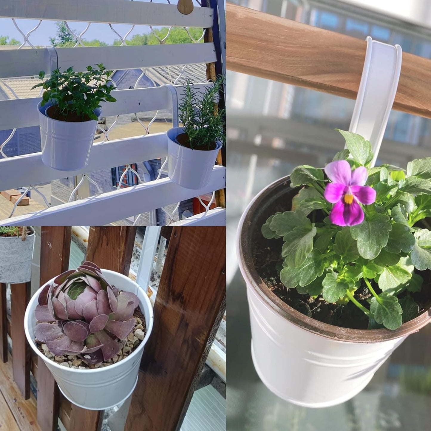 KINGLAKE Flower Pots,10 Pcs Metal Iron Hanging Flower Plant Pots Balcony Garden Plant Planter Baskets Fence Bucket Pot 4'' Flower Holders with Detachable Hook