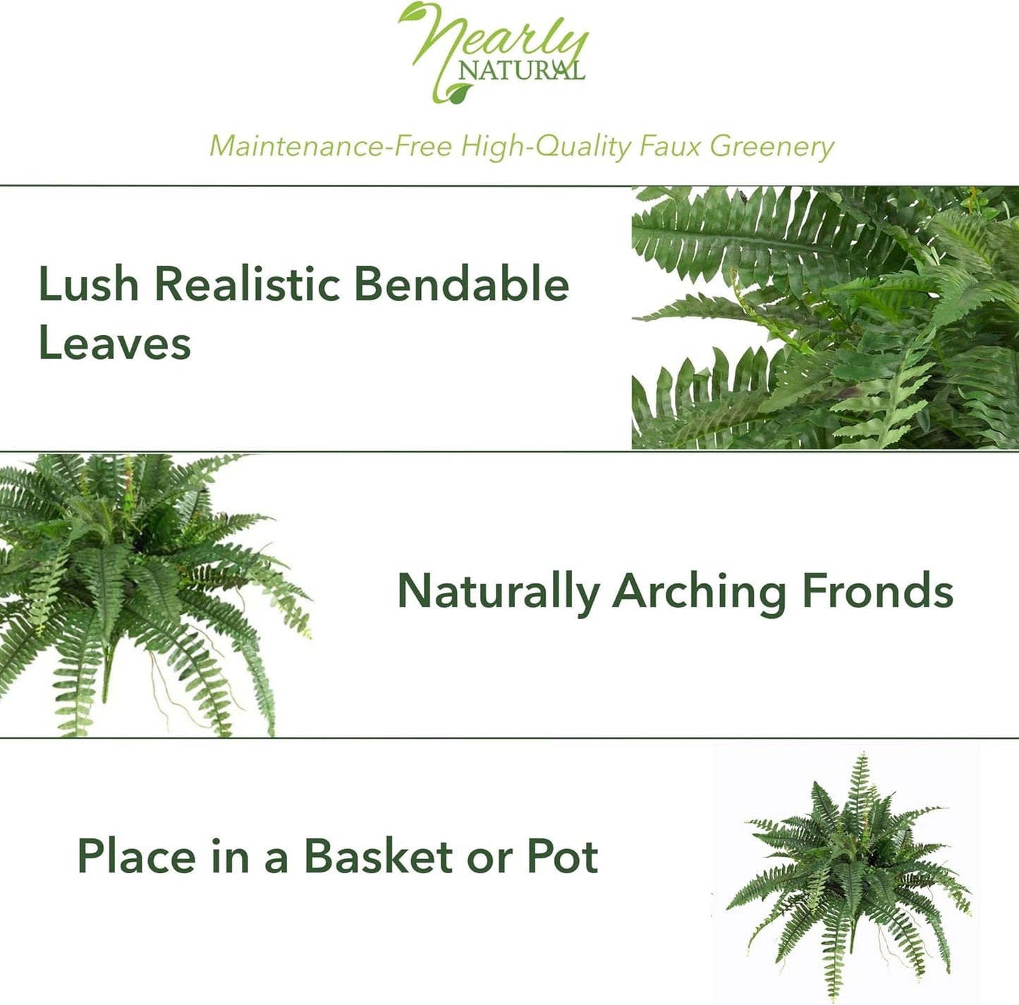 Nearly Natural 48in Artificial Boston Fern (Set of 2), Large Faux Greenery with 67 Lifelike Fronds for Indoor Wall, Shelf, and Home Office Decor