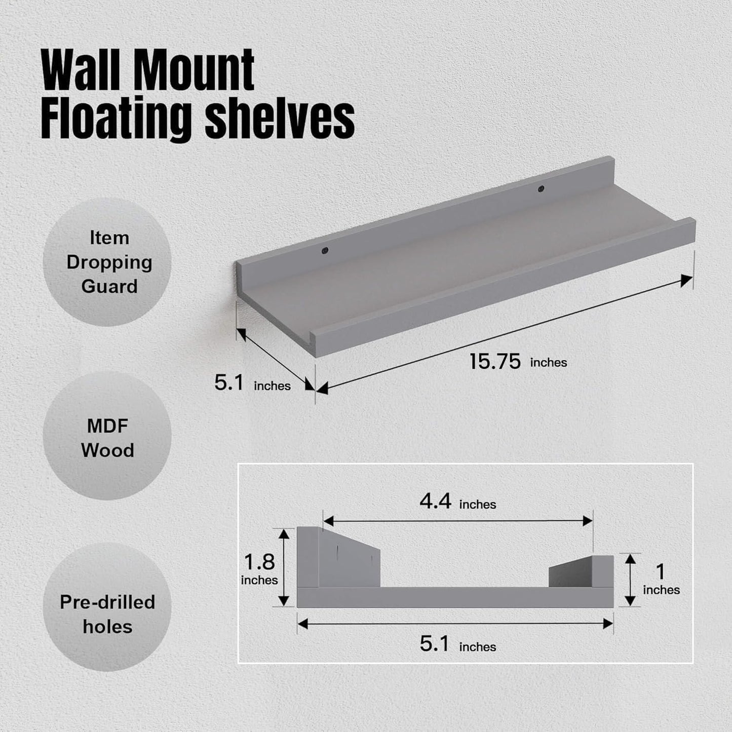 RICHER HOUSE 5 Set Floating Wall Mounted Shelves, Black Shelves for Wall Decor, Modern Picture Ledge Shelf with Lip for Storage, Nursery, Bedroom, Living Room, Bathroom - Black