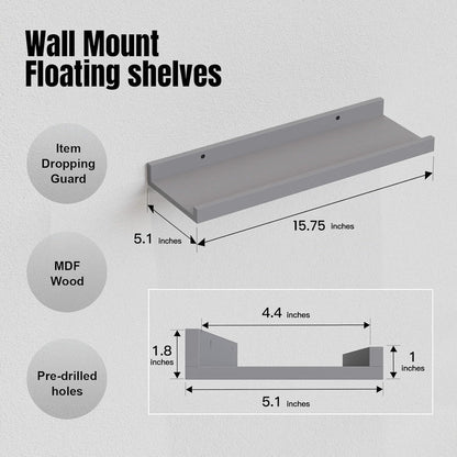 RICHER HOUSE 5 Set Floating Wall Mounted Shelves, Black Shelves for Wall Decor, Modern Picture Ledge Shelf with Lip for Storage, Nursery, Bedroom, Living Room, Bathroom - Black