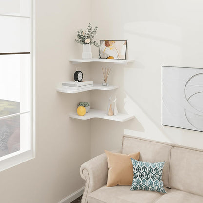 Homode Corner Floating Shelves, Set of 3 Corner Wall Shelves with Wire Hole, L-Shaped Wood Hanging Storage Shelf for Wall Decor, for Bathroom Kitchen Bedroom, White