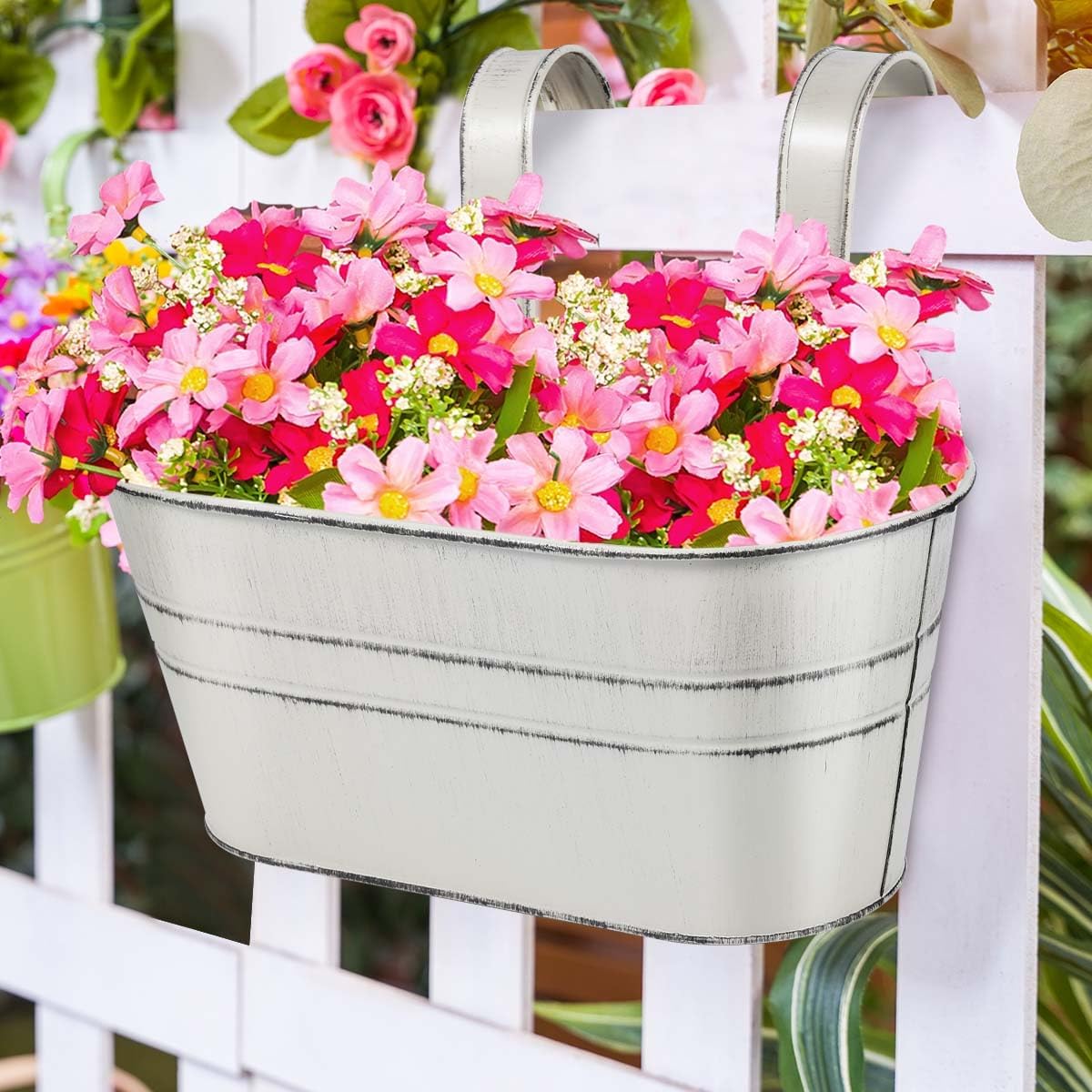 OBTANIM 4 Pack Metal Hanging Flower Pots Iron Railing Planter Outdoor Fence Hanging Pots Bucket Plant Holder with Detachable Hooks Drain Holes for Home Garden Yard Decor (Black)