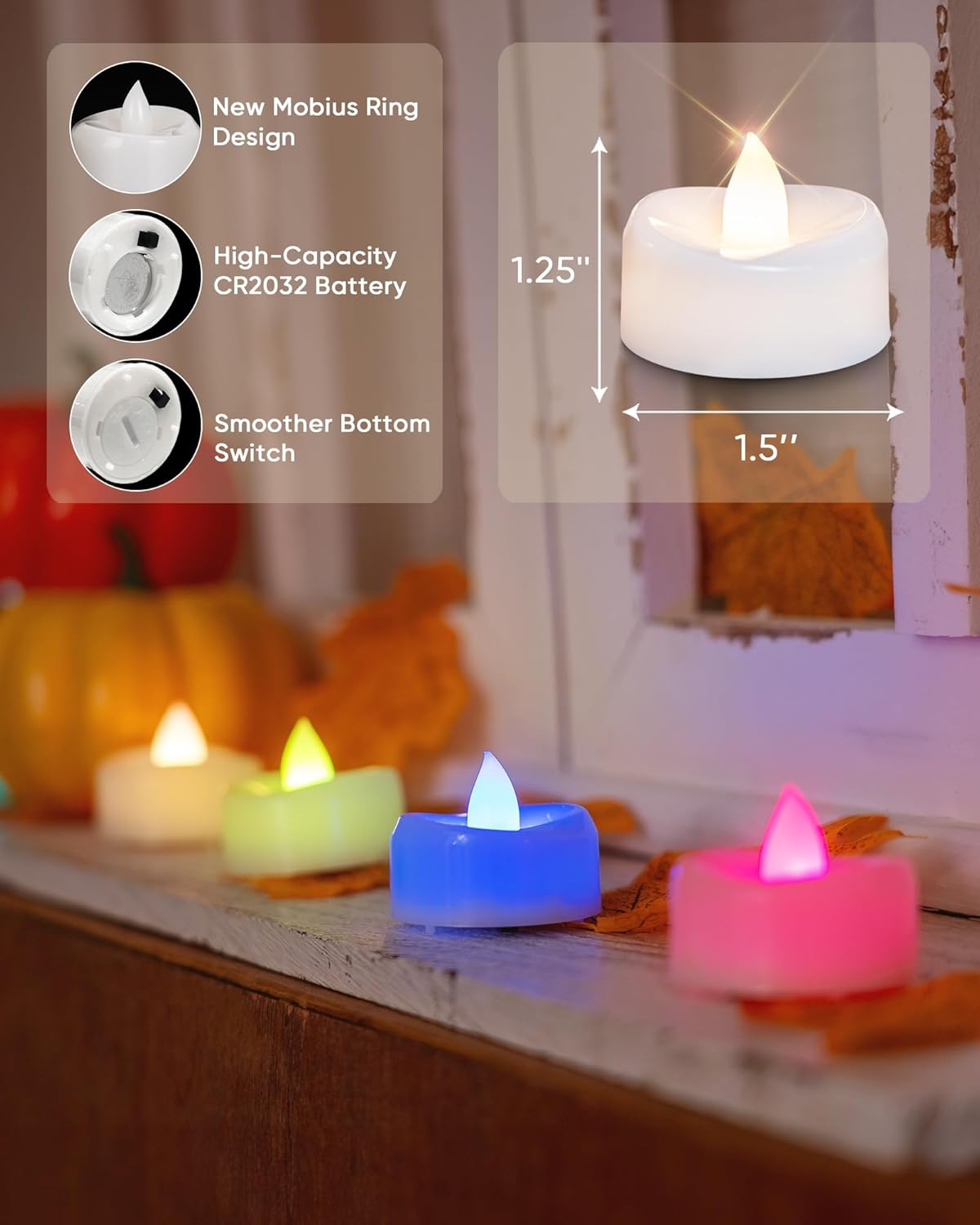 merrynights LED Candles, Tea Lights Candles Battery Operated Bulk, 50-Pack Long-Lasting 200 Hours Flameless Tealight Candles, Realistic Tea Lights for Christmas Halloween Wedding, 1.5'' D X 1.25'' H