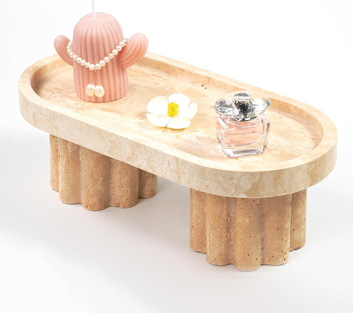 Marble Perfume Tray with Legs - Oval Decorative Stone Pedestal for Bathroom Vanity Coffee Table Kitchen Countertop, Footed Jewelry Candle Organizers Catchall Plate Riser with Scalloped Feet
