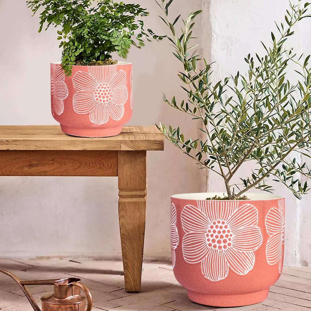 YBX 8 Inch + 6 Inch Ceramic Plant Pots, Succulent Flower Pots with Drainage Holes, Terracotta Planters for Indoor Plants, White&Terracotta (Garden)