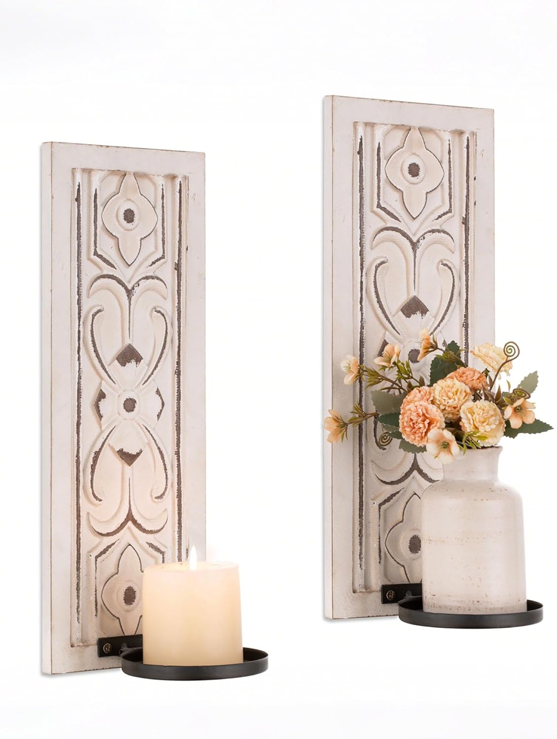 Farmhouse Wood Candle Sconces Wall Decor - Set of 2 Walasis Rustic Wall Candle Holder Decorative Carved Brown Candle Sconce Farmhouse Art Distressed Pillar Candles Holder for Fireplace Decor